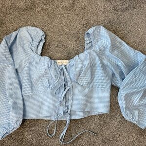 Goodnight Macaroon Light Blue Gingham Puff Sleeve Blouse